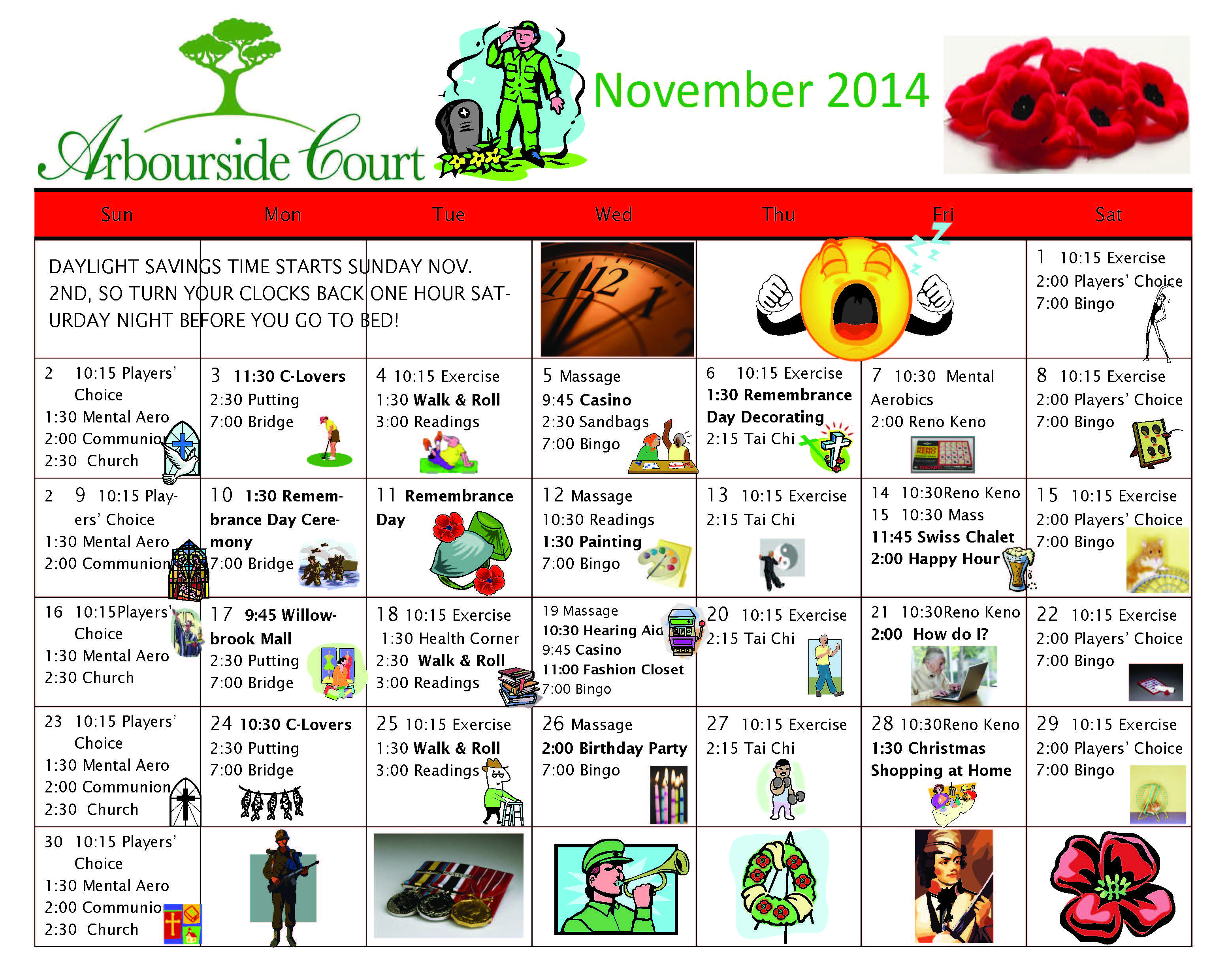 November 2014 Calendar of Arbourside Court Senior's Activities