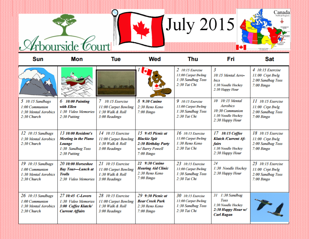 July 2015 Calendar of Arbourside Court Senior’s Activities