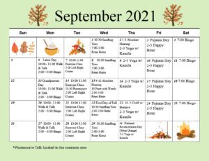 Abourside Court September 2021 Calendar of Activity