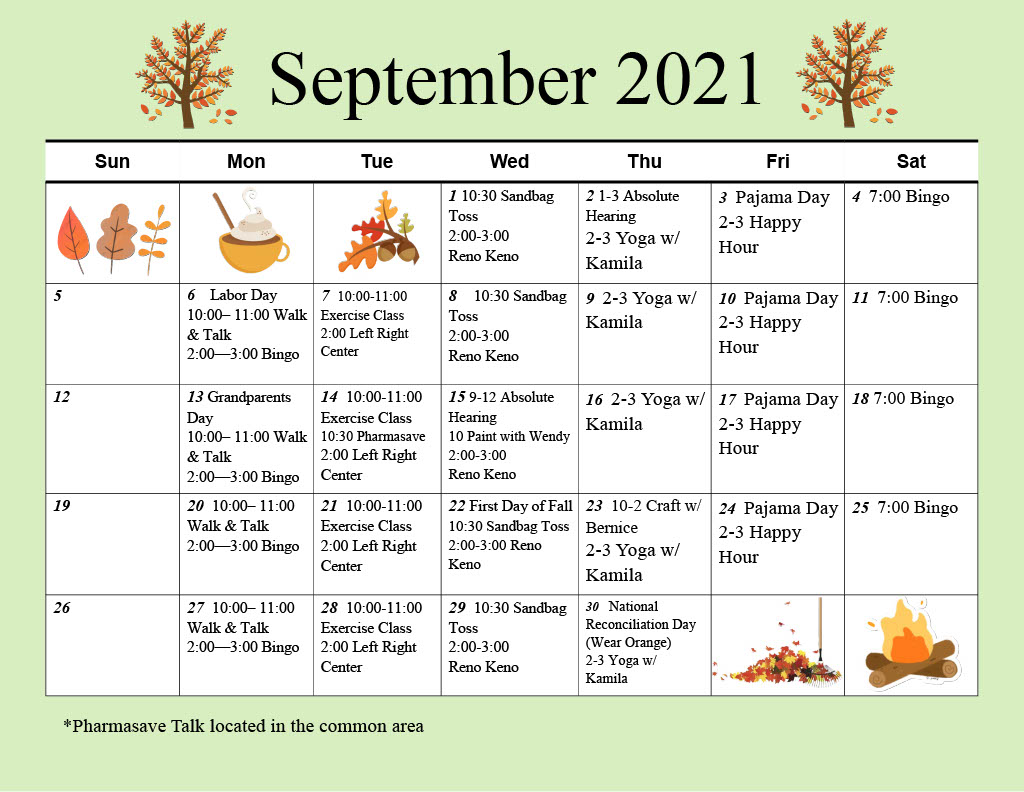 Abourside Court September 2021 Calendar of Activity 