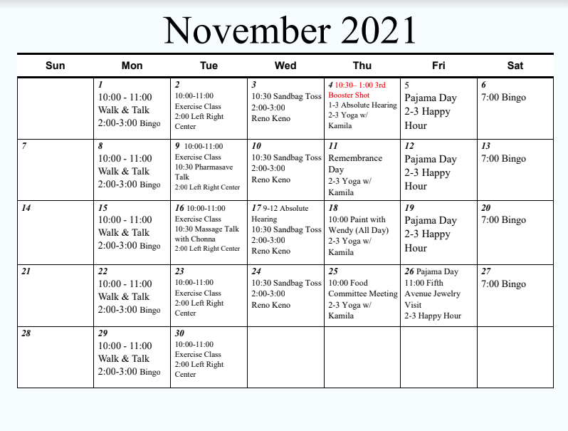 Arbourside November Calendar of Activity