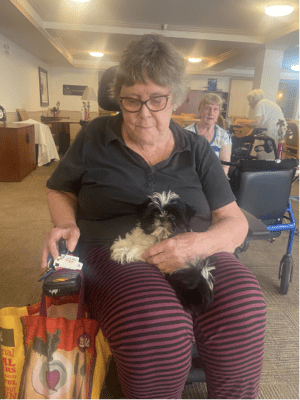 woman in chair holding therapy dog