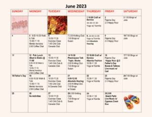 Arbourside June calendar of activity