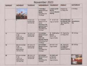 Arbourside November calendar