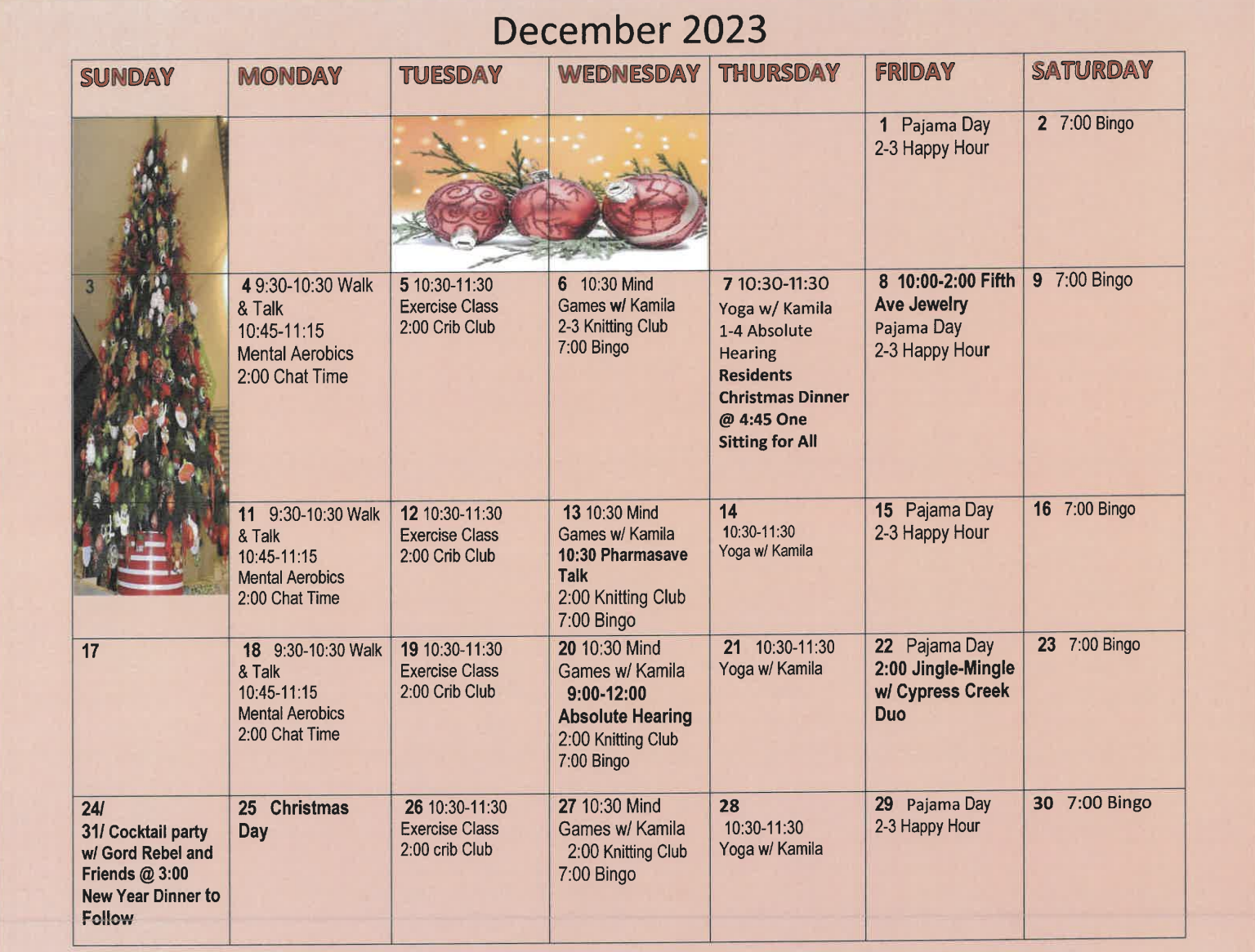 Arbourside December calendar of activity 