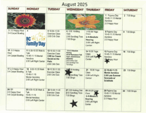 Image containing Arbourside Court August 2025 Activity Calendar