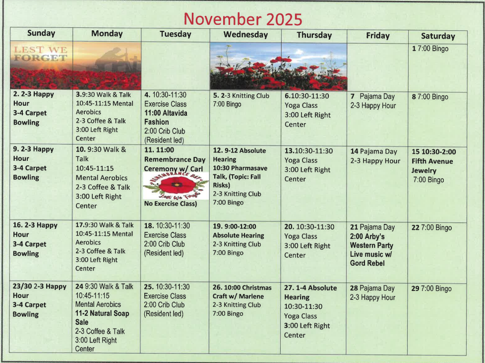 Arbourside Court November 2025 Activity Calendar