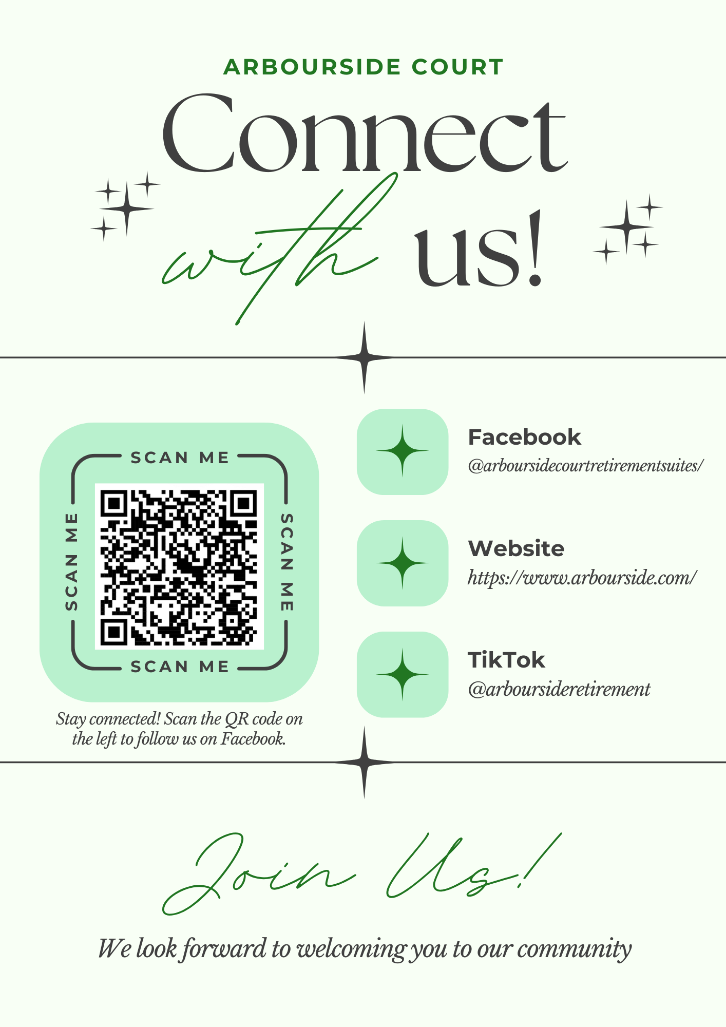 Arbourside Court Connect with us graphic with QR code and social media links.